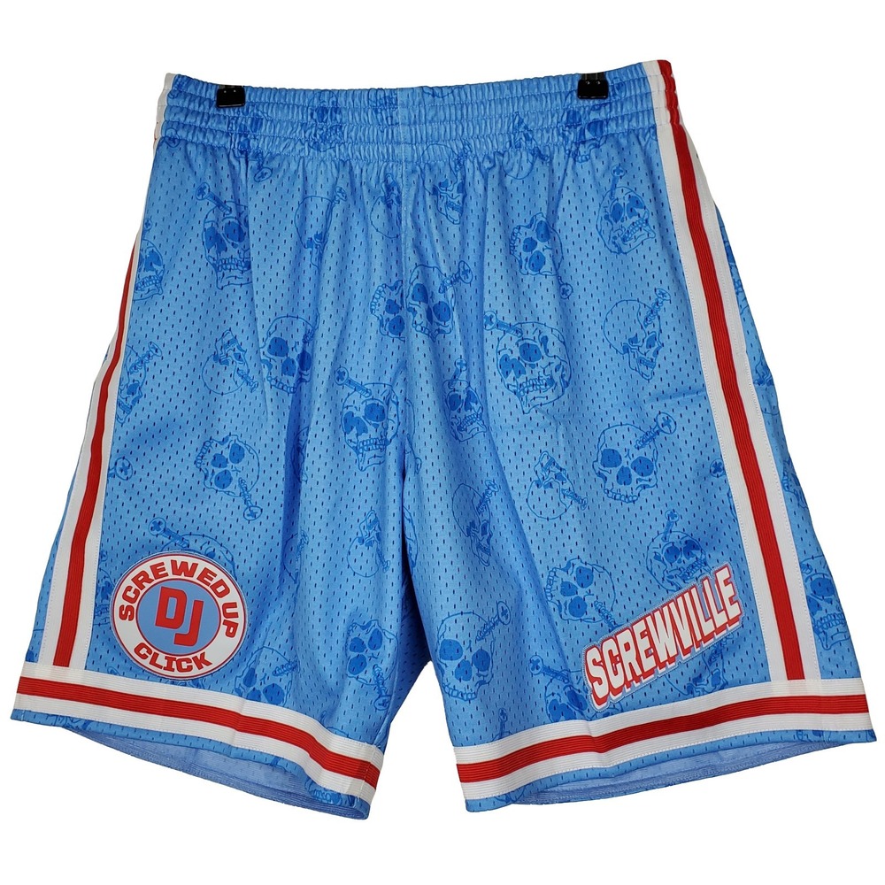 Screwville DJ Screw Mitchell & Ness Large Jersey Shorts Cut & Sew Art Blue‎ NWT